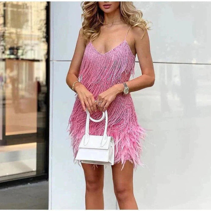 Victoria | Women's Sequin Fringe Feather-Trim Mini Cocktail Dress