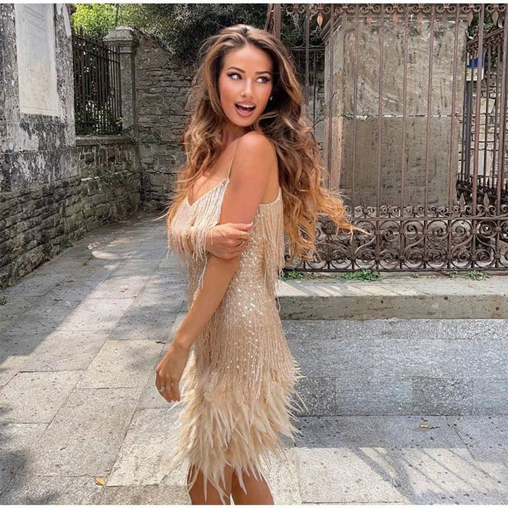 Victoria | Women's Sequin Fringe Feather-Trim Mini Cocktail Dress
