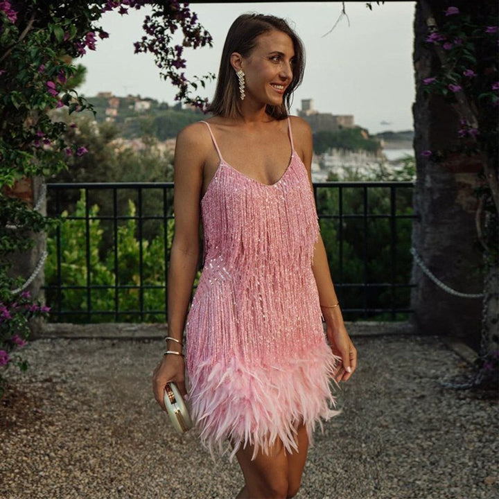 Victoria | Women's Sequin Fringe Feather-Trim Mini Cocktail Dress