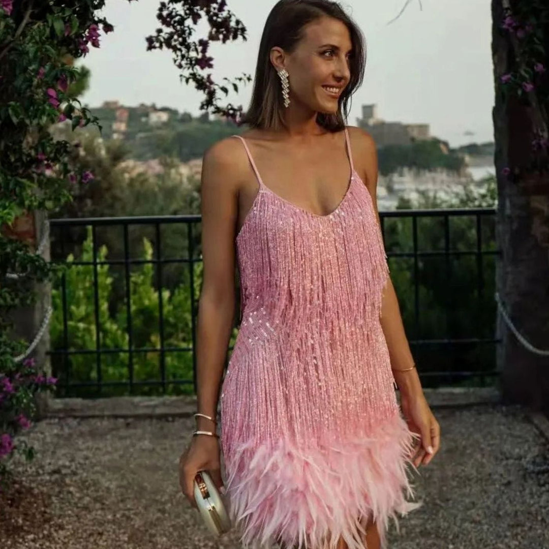 Olivia | Women's Sequin Fringe Feather Trim Slip Cocktail Dress