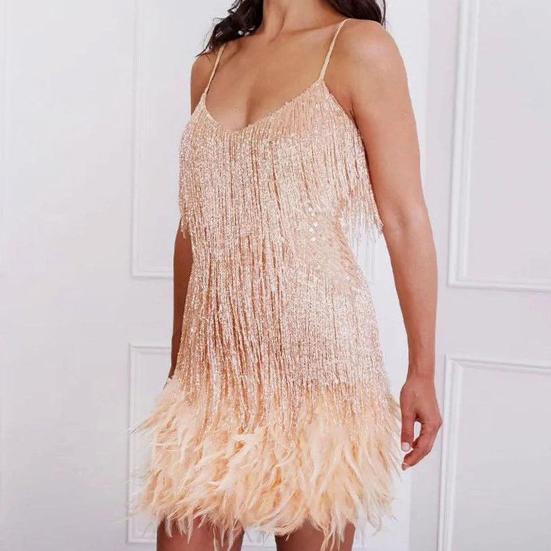 Olivia | Women's Sequin Fringe Feather Trim Slip Cocktail Dress