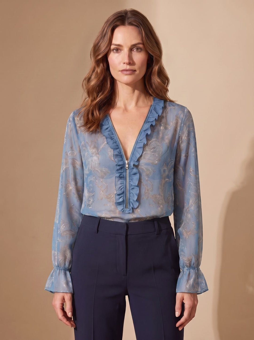 Luna | Women's Sheer Chiffon Paisley Ruffle V-Neck Zip Blouse