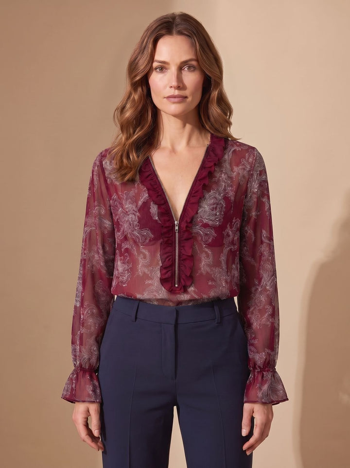Luna | Women's Sheer Chiffon Paisley Ruffle V-Neck Zip Blouse
