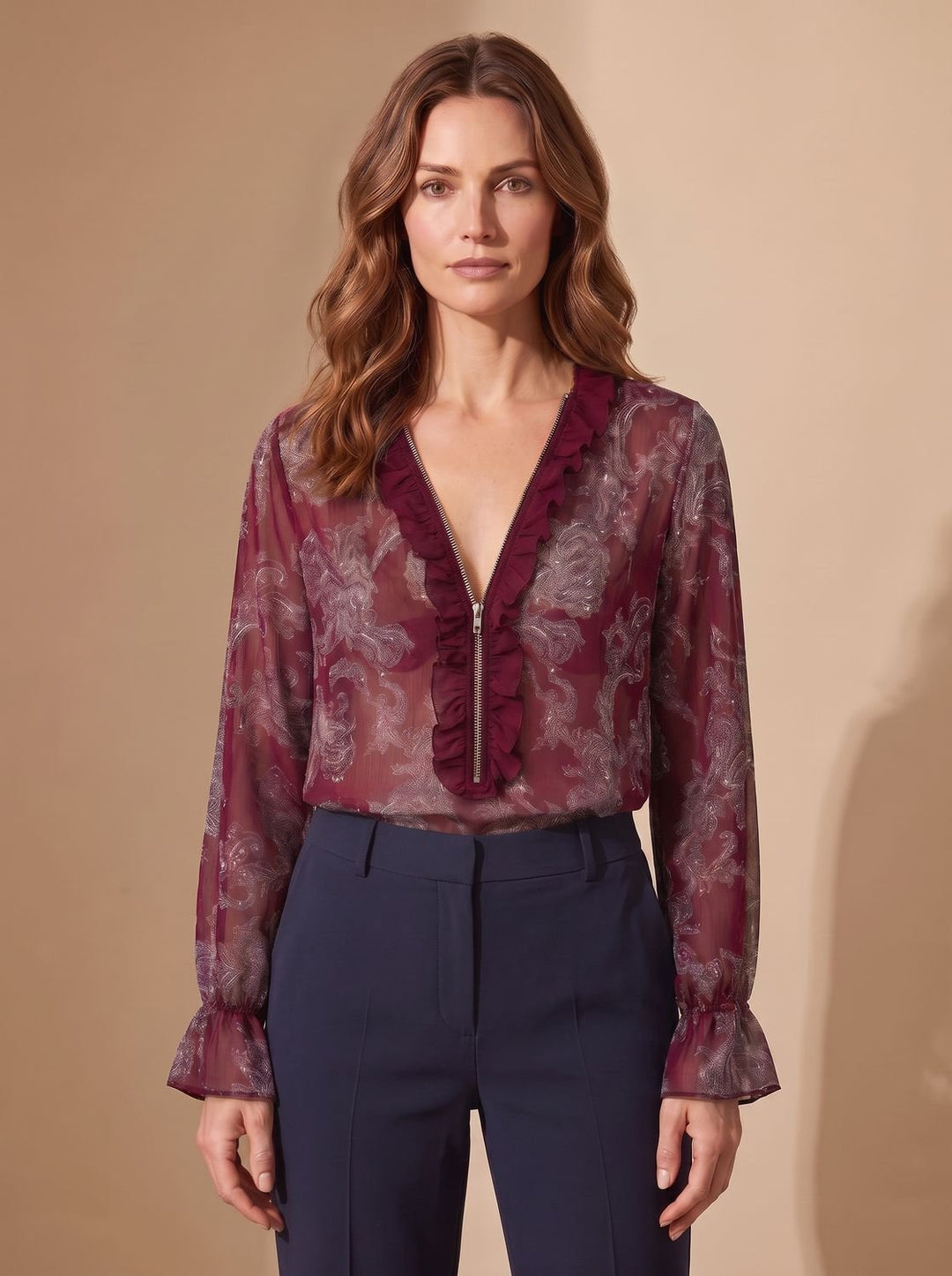 Luna | Women's Sheer Chiffon Paisley Ruffle V-Neck Zip Blouse