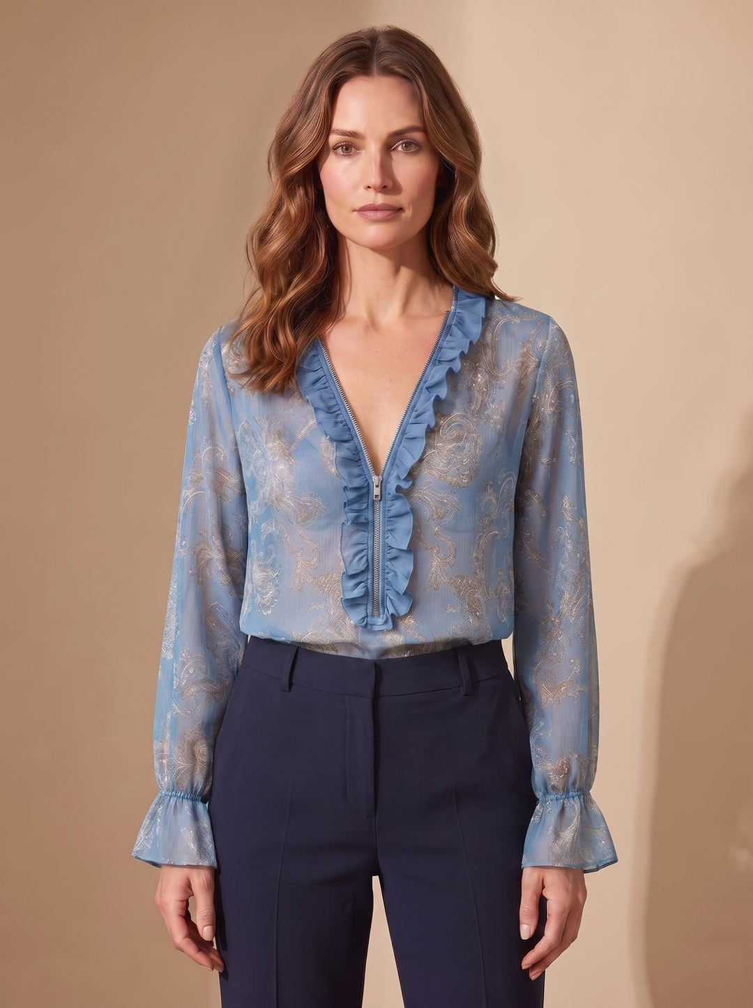Luna | Women's Sheer Chiffon Paisley Ruffle V-Neck Zip Blouse