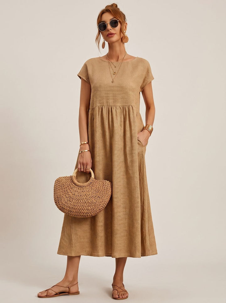 Sophia | Women's Short-Sleeve Round-Neck Flowy Midi Dress with Pockets
