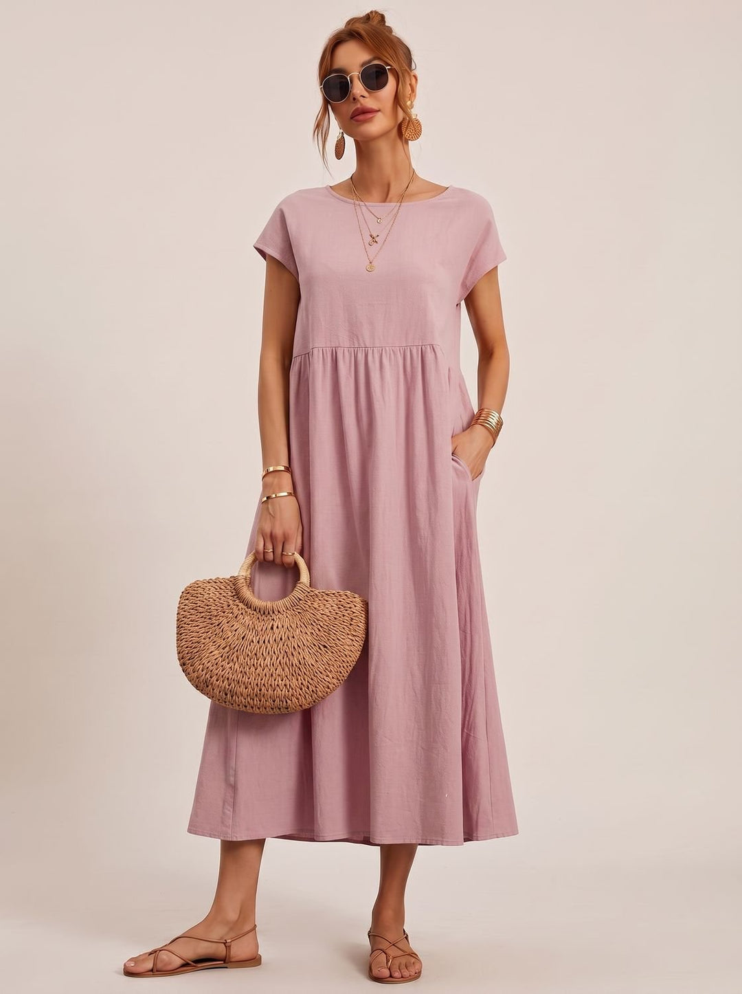 Sophia | Women's Short-Sleeve Round-Neck Flowy Midi Dress with Pockets
