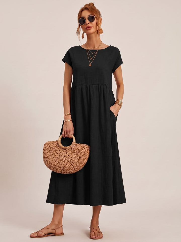 Sophia | Women's Short-Sleeve Round-Neck Flowy Midi Dress with Pockets
