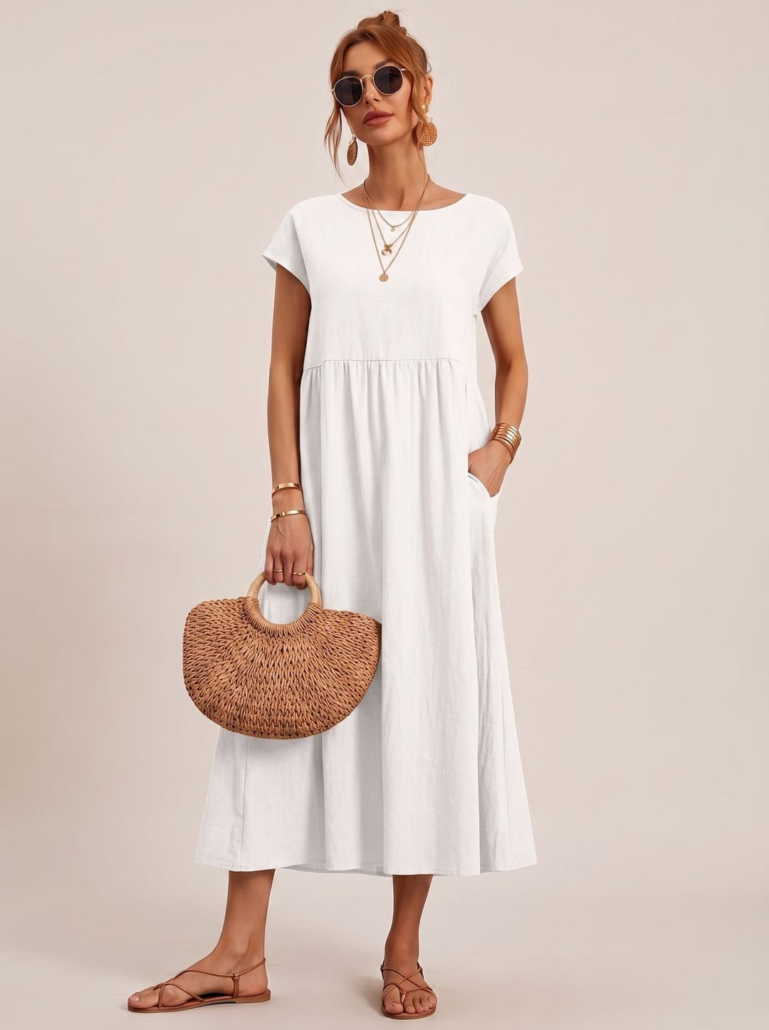 Sophia | Women's Short-Sleeve Round-Neck Flowy Midi Dress with Pockets
