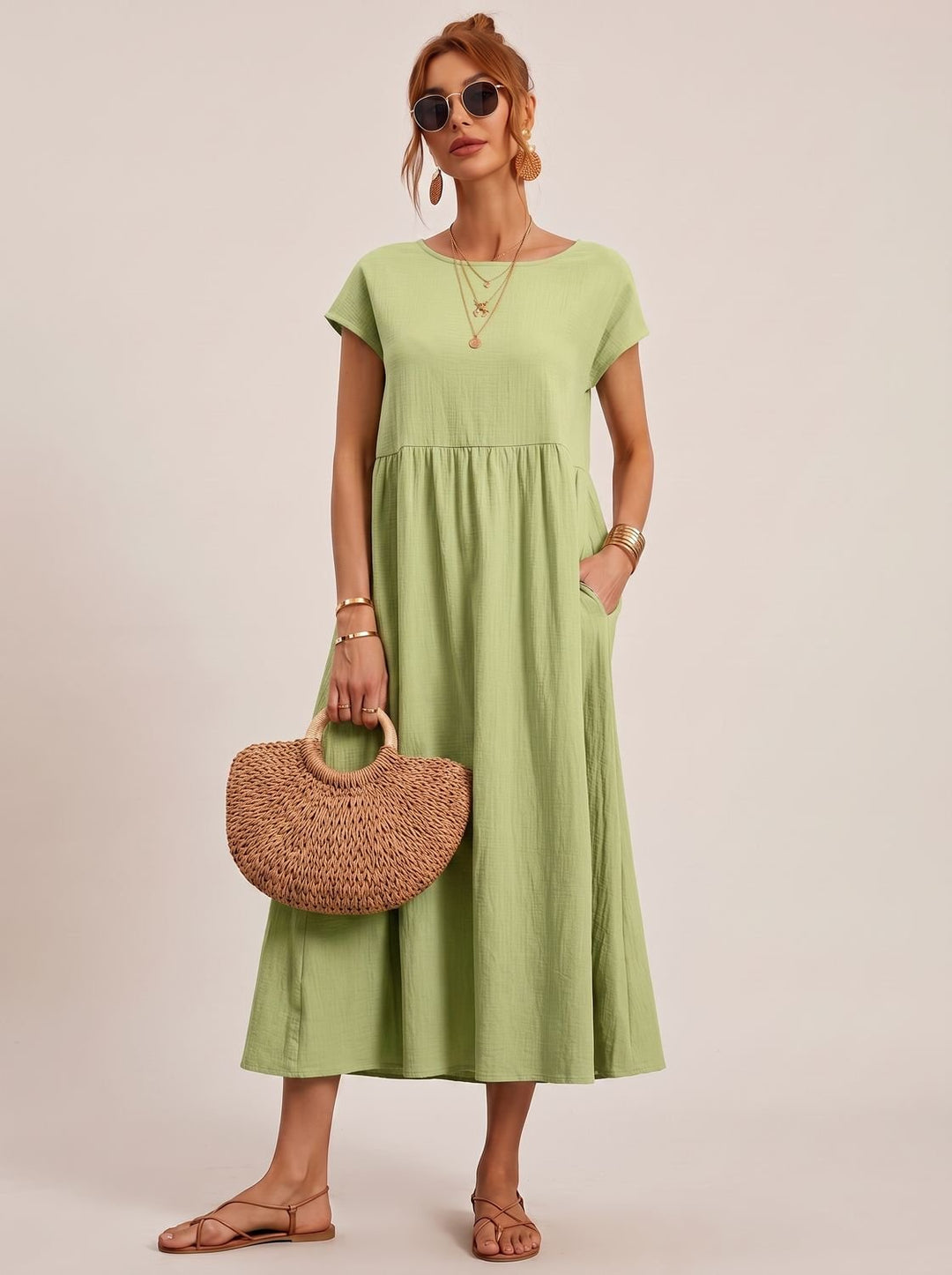 Sophia | Women's Short-Sleeve Round-Neck Flowy Midi Dress with Pockets