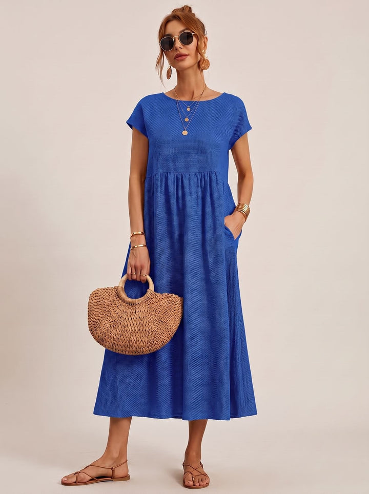 Sophia | Women's Short-Sleeve Round-Neck Flowy Midi Dress with Pockets