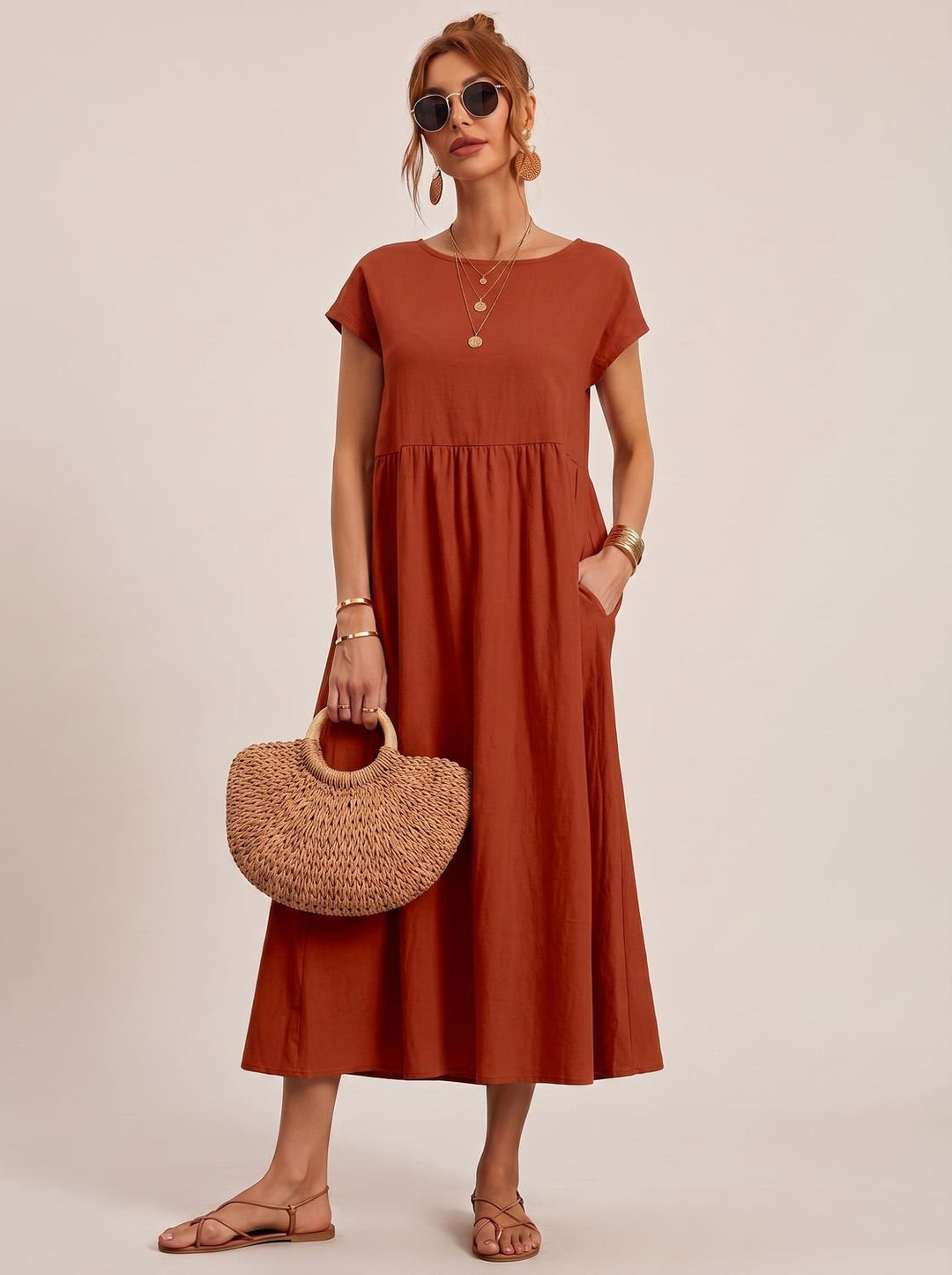 Sophia | Women's Short-Sleeve Round-Neck Flowy Midi Dress with Pockets