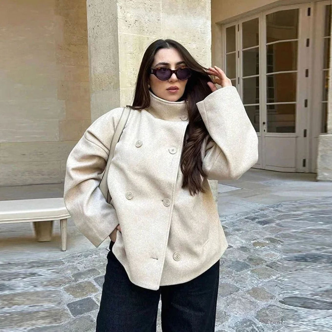 Emma | Women's Short Wool-Blend Button-Up High-Collar Winter Coat