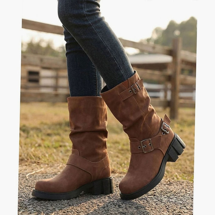 Madison | Women's Slouch Mid-Calf Buckle-Strap Biker Boots