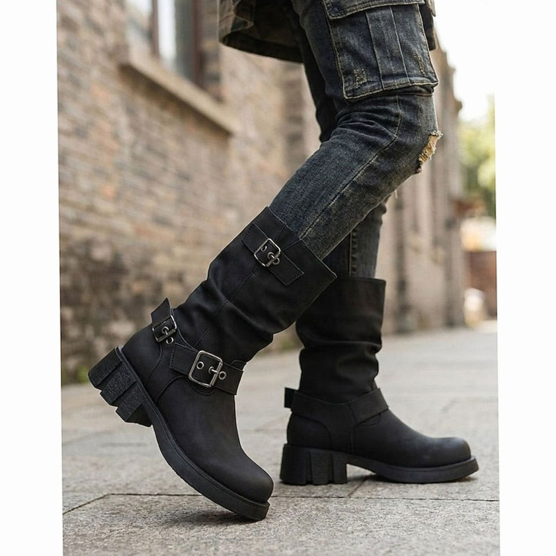 Madison | Women's Slouch Mid-Calf Buckle-Strap Biker Boots