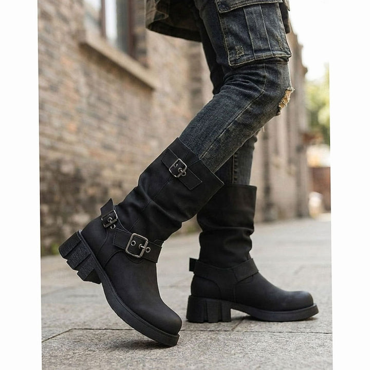 Madison | Women's Slouch Mid-Calf Buckle-Strap Biker Boots