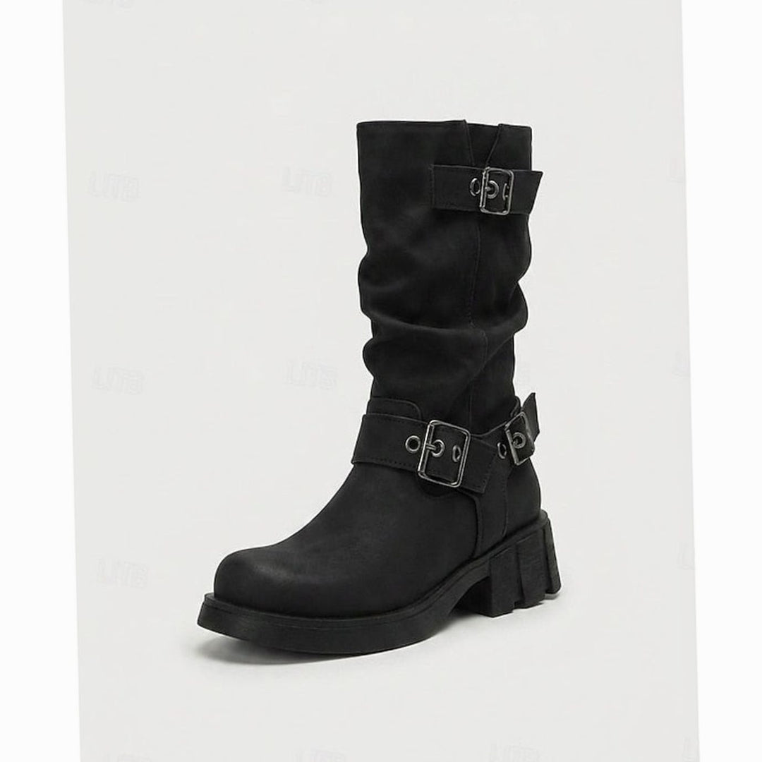 Madison | Women's Slouch Mid-Calf Buckle-Strap Biker Boots