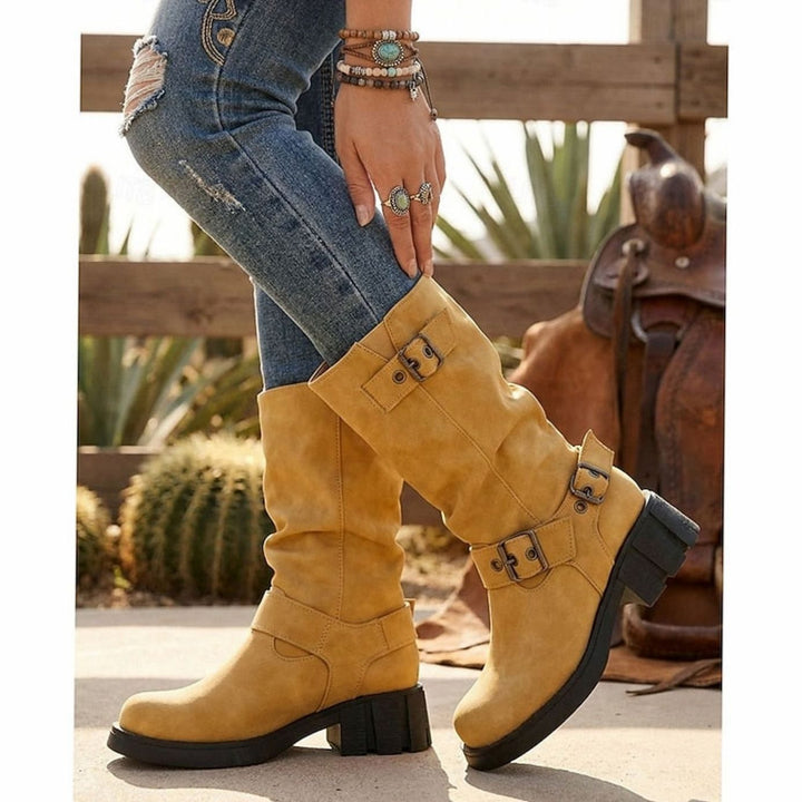 Madison | Women's Slouch Mid-Calf Buckle-Strap Biker Boots