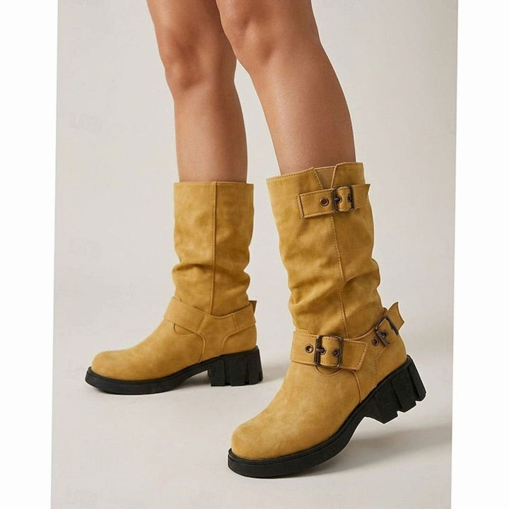 Madison | Women's Slouch Mid-Calf Buckle-Strap Biker Boots