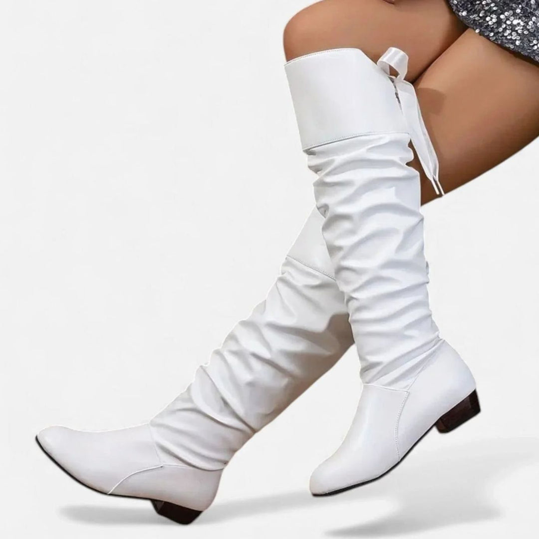 Layla | Women's Slouchy Mid-Calf Boots Low Block Heel Bow-Tie Detail