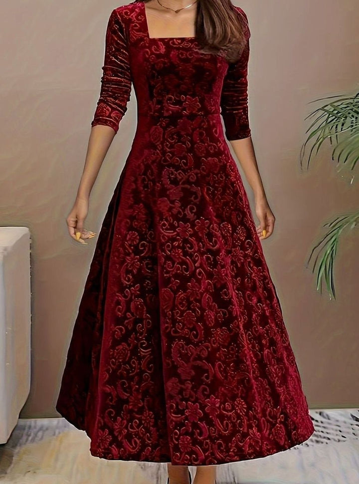 Luna | Women's Square Neck Velvet Floral Embossed Party Dress