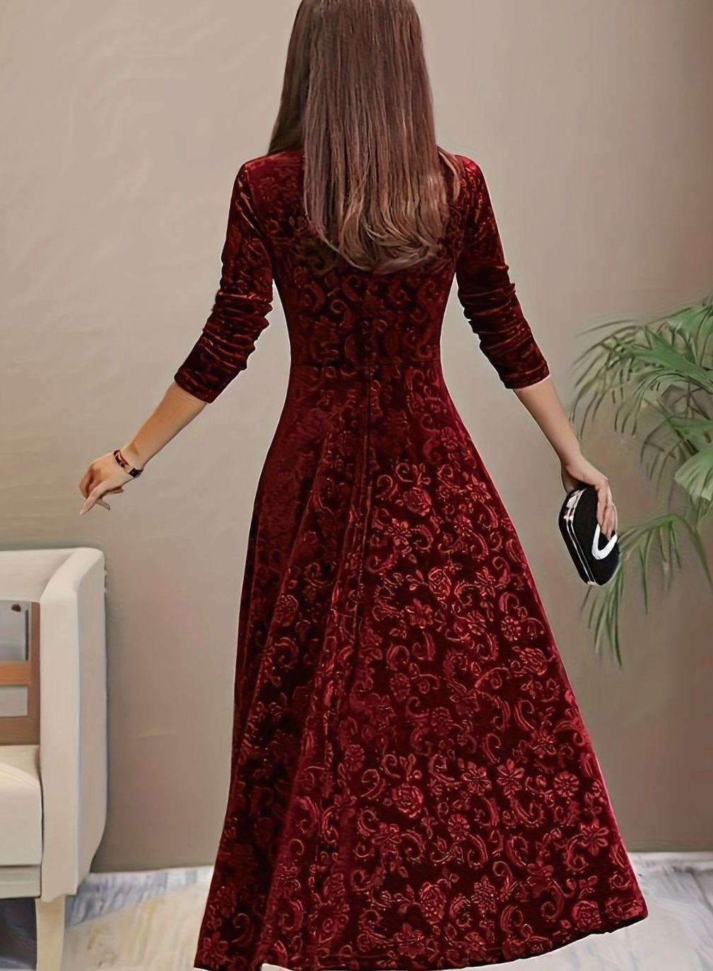 Luna | Women's Square Neck Velvet Floral Embossed Party Dress
