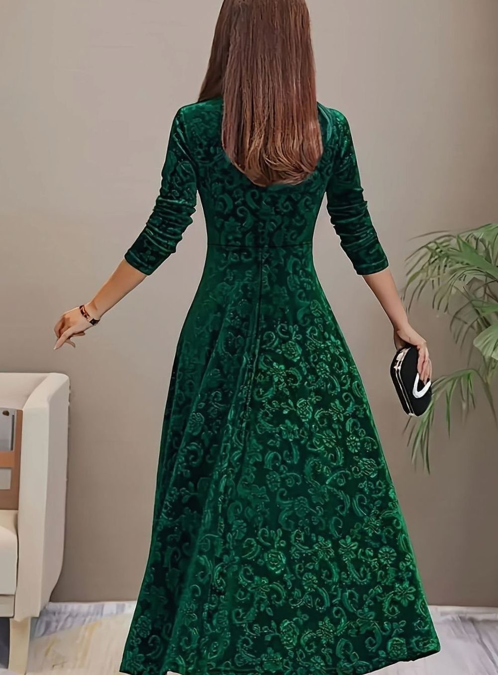 Luna | Women's Square Neck Velvet Floral Embossed Party Dress