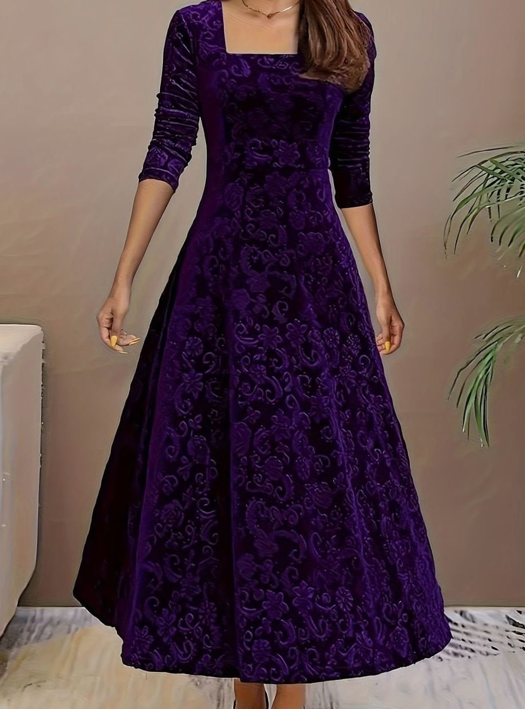 Luna | Women's Square Neck Velvet Floral Embossed Party Dress