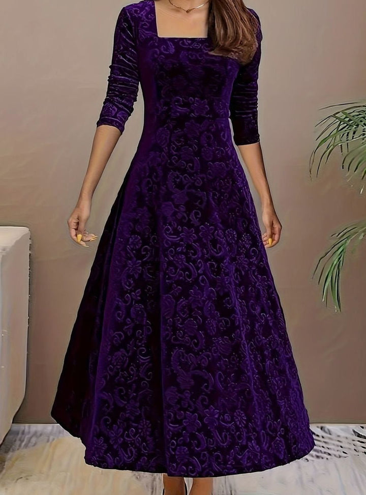 Luna | Women's Square Neck Velvet Floral Embossed Party Dress
