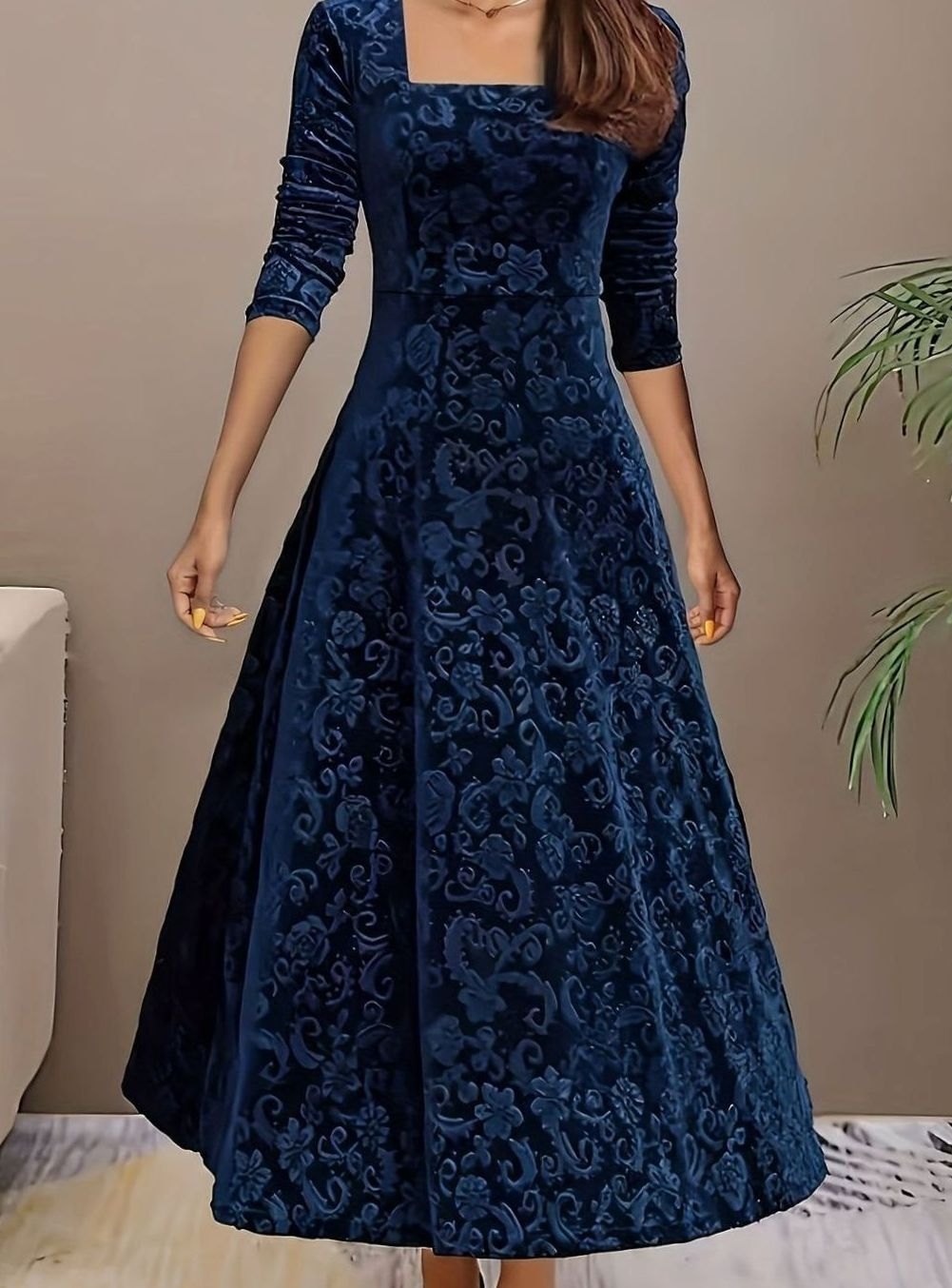 Luna | Women's Square Neck Velvet Floral Embossed Party Dress