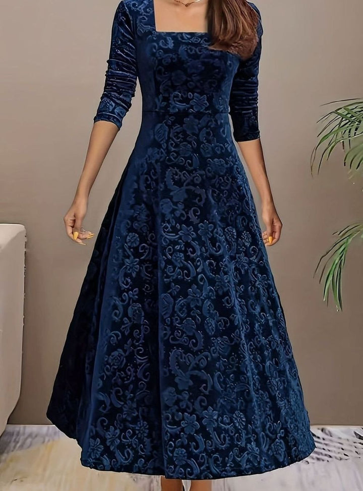 Luna | Women's Square Neck Velvet Floral Embossed Party Dress