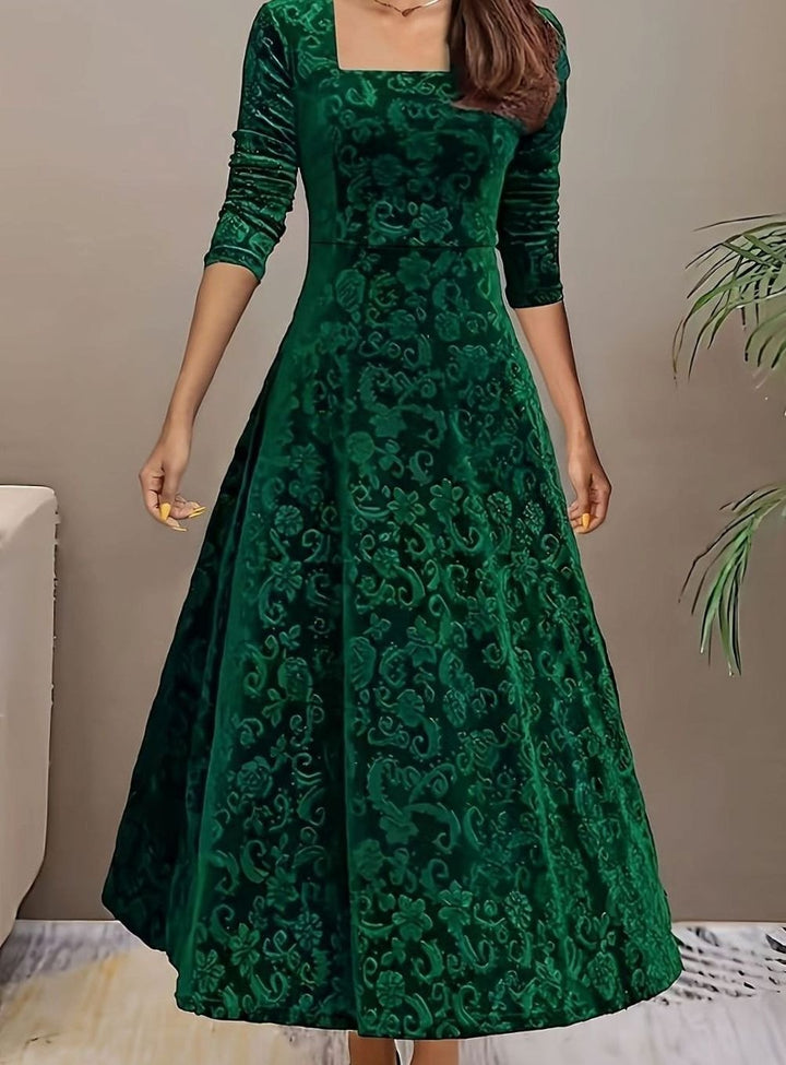 Luna | Women's Square Neck Velvet Floral Embossed Party Dress