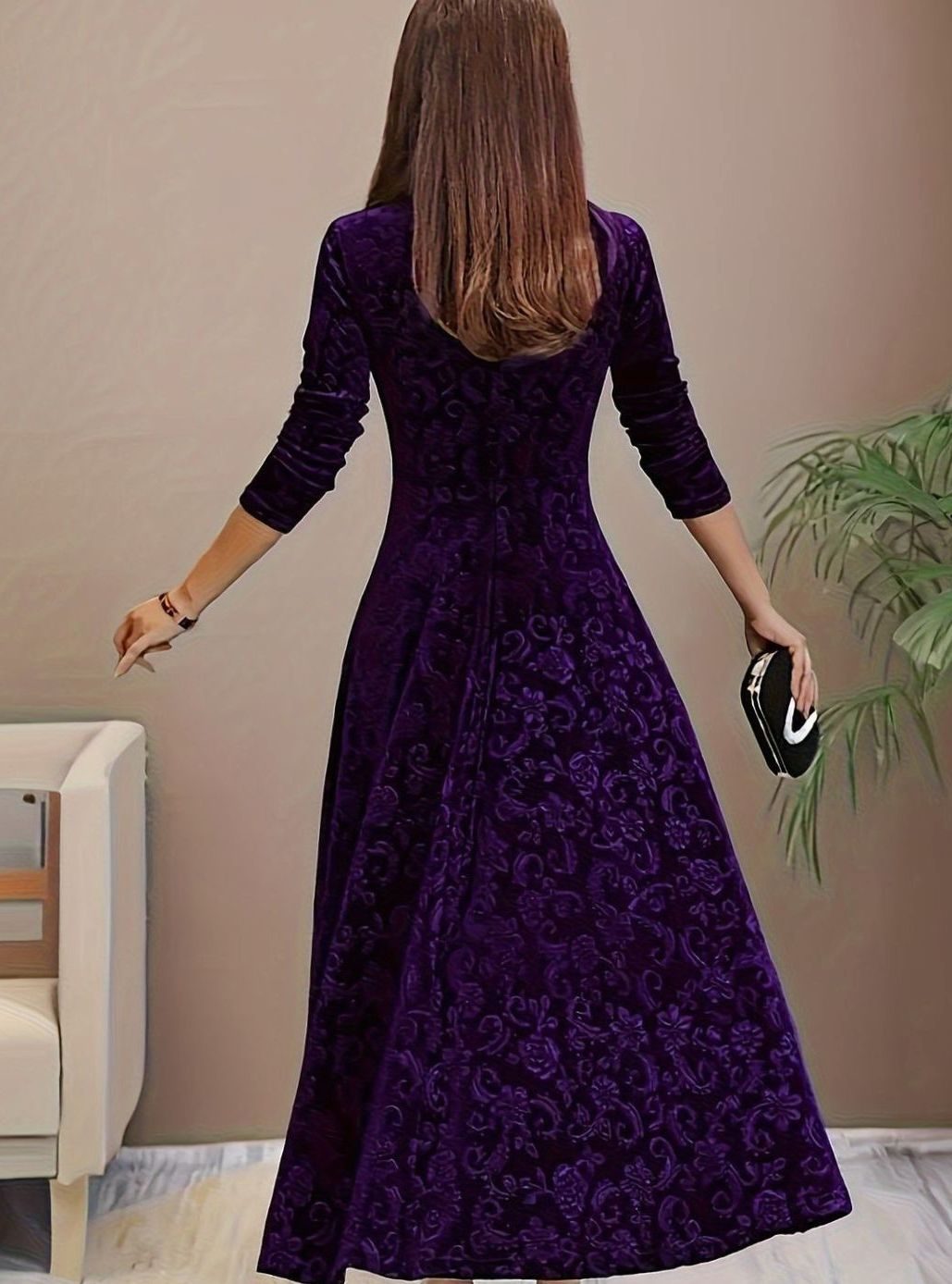 Luna | Women's Square Neck Velvet Floral Embossed Party Dress