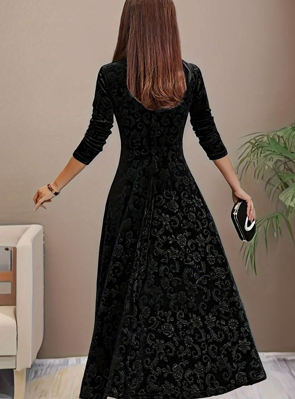 Luna | Women's Square Neck Velvet Floral Embossed Party Dress