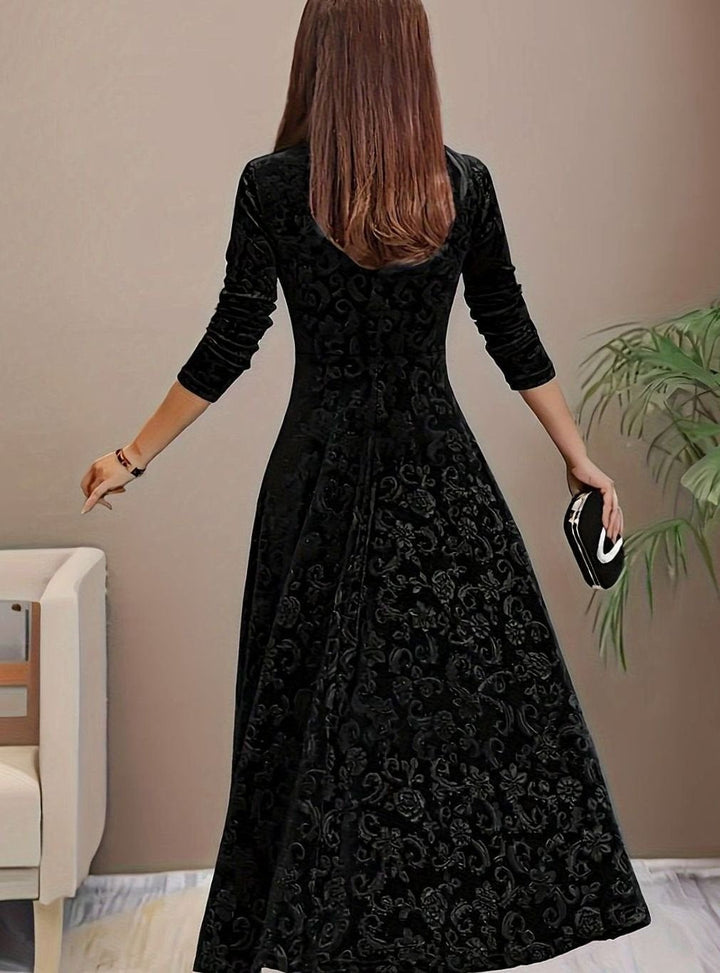 Luna | Women's Square Neck Velvet Floral Embossed Party Dress