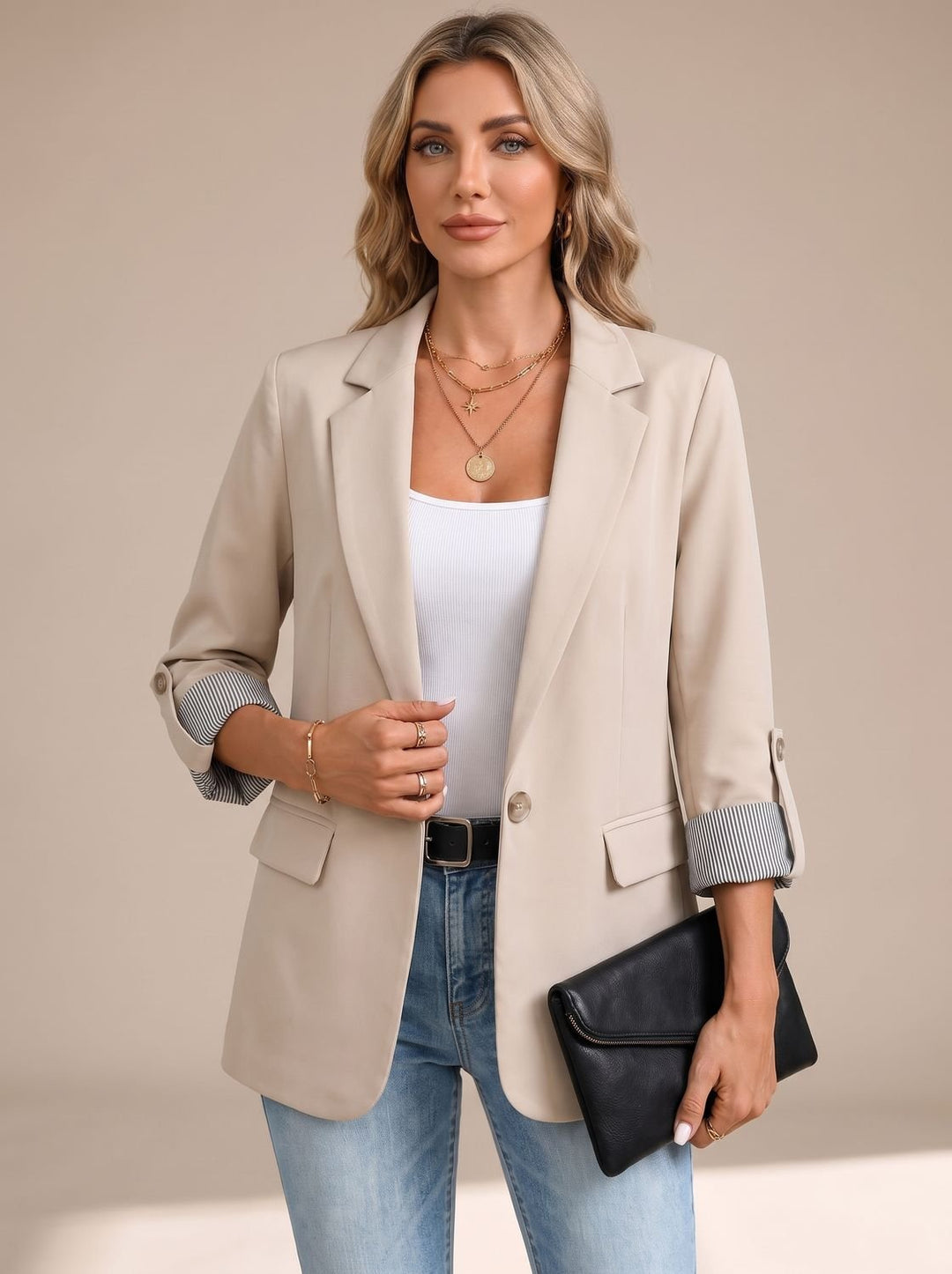 Aria | Women's Striped-Cuff Rollable Sleeve Soft-Tailored Blazer