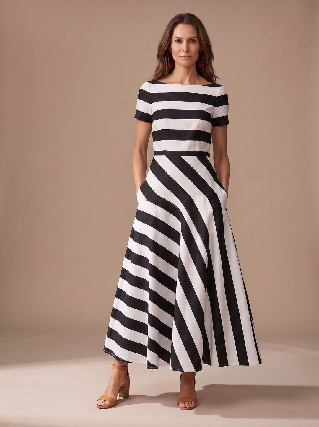 Camila | Women's Striped Short-Sleeve Boat-Neck Maxi Dress