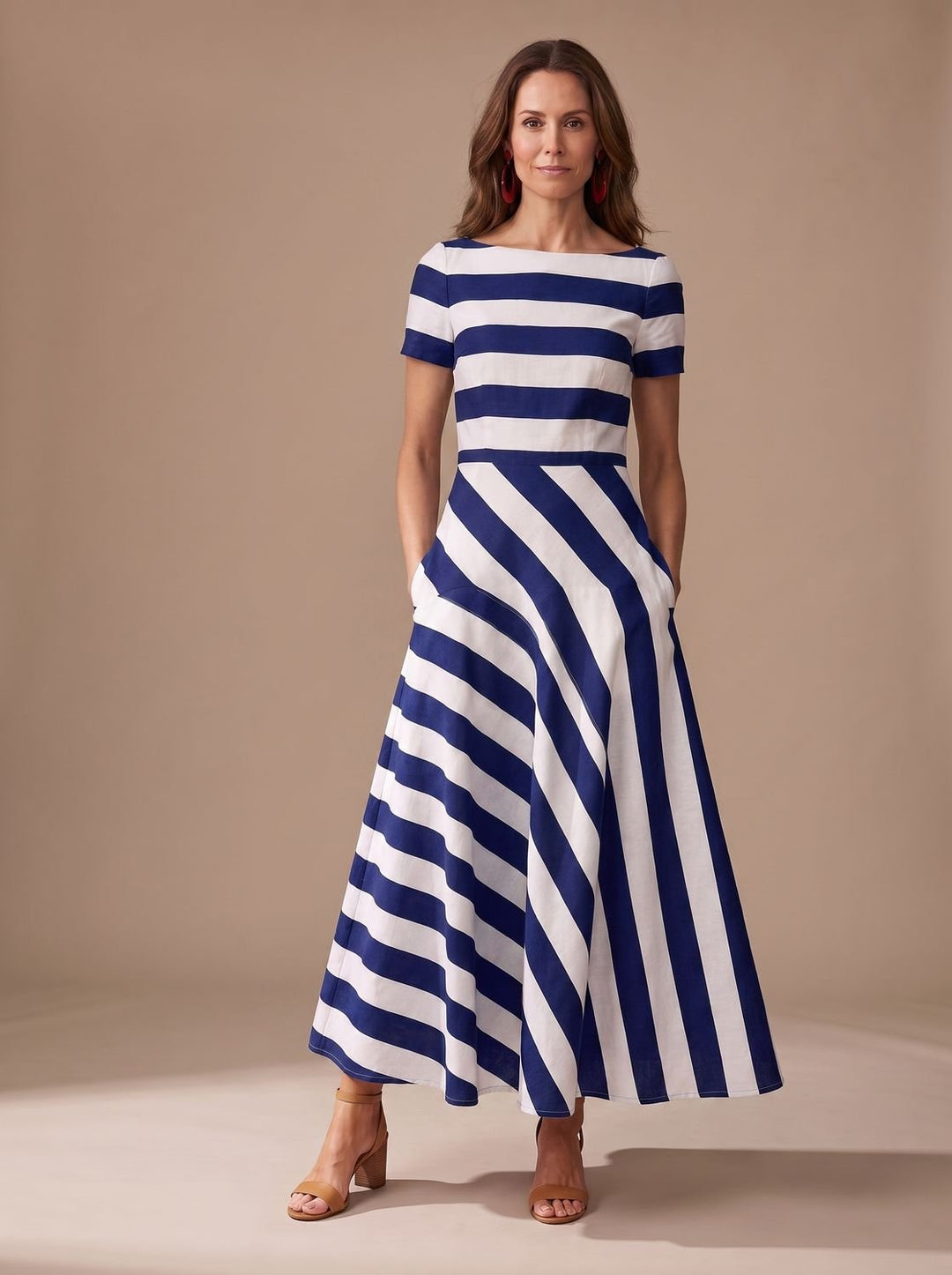 Camila | Women's Striped Short-Sleeve Boat-Neck Maxi Dress
