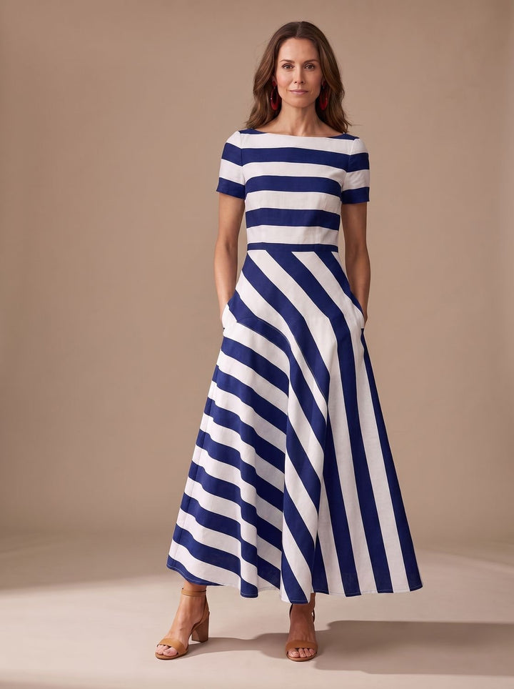 Camila | Women's Striped Short-Sleeve Boat-Neck Maxi Dress