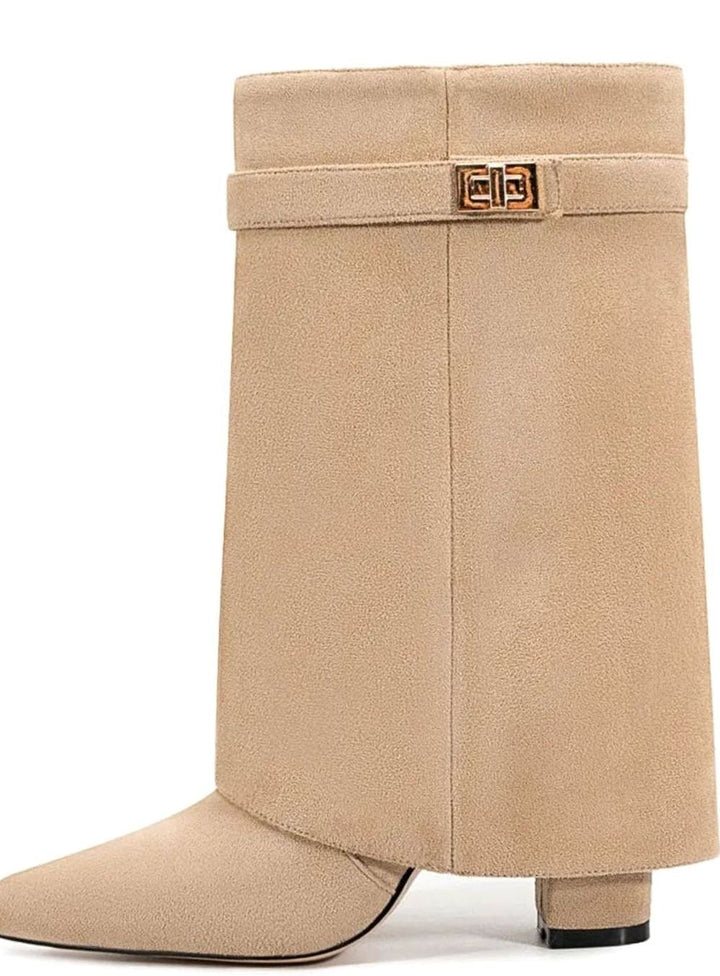 Camila | Women's Suede Fold-Over Knee-High Boots Gold Lock Buckle