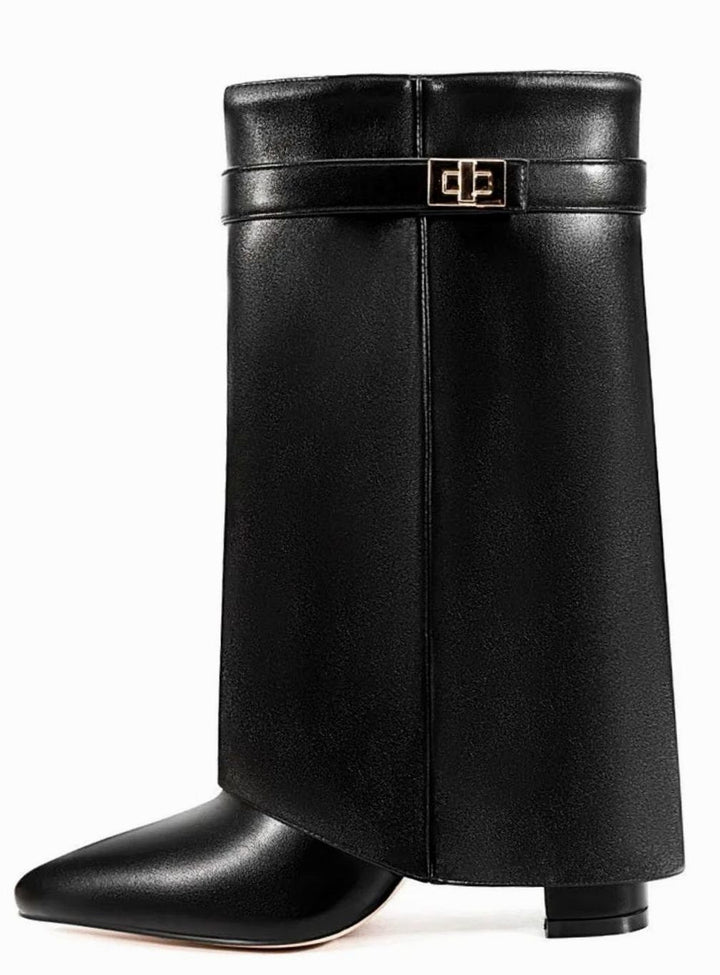 Camila | Women's Suede Fold-Over Knee-High Boots Gold Lock Buckle