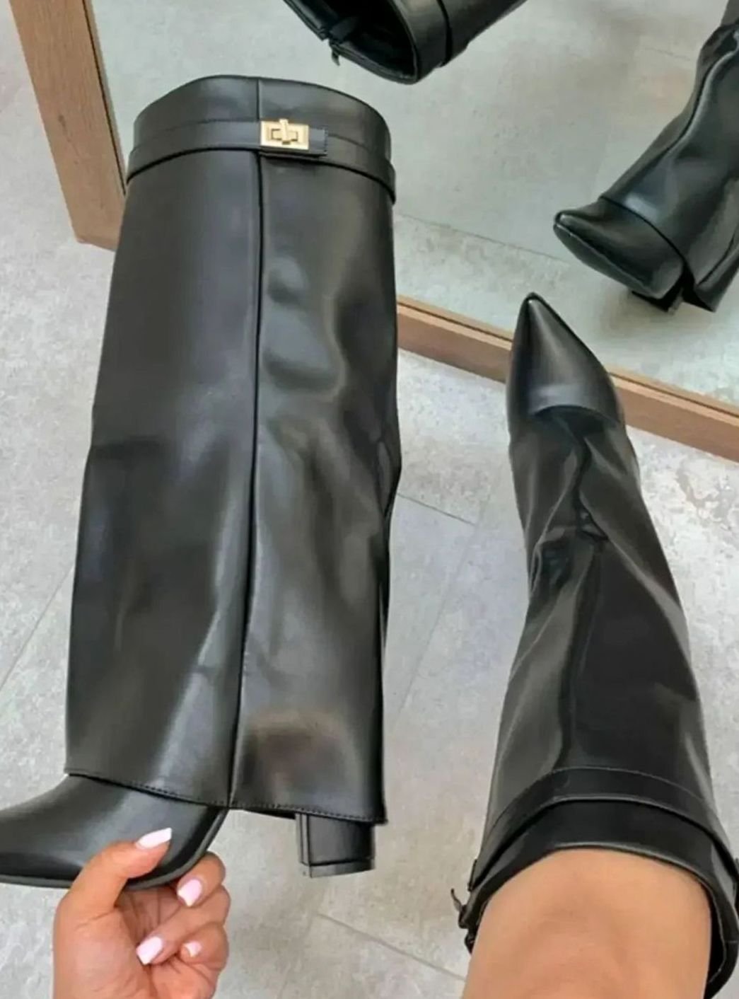 Camila | Women's Suede Fold-Over Knee-High Boots Gold Lock Buckle