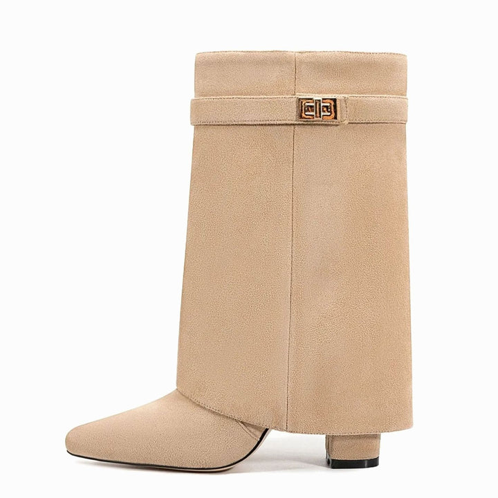 Camila | Women's Suede Fold-Over Knee-High Boots Gold Lock Buckle
