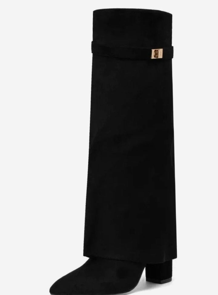 Camila | Women's Suede Fold-Over Knee-High Boots Gold Lock Buckle