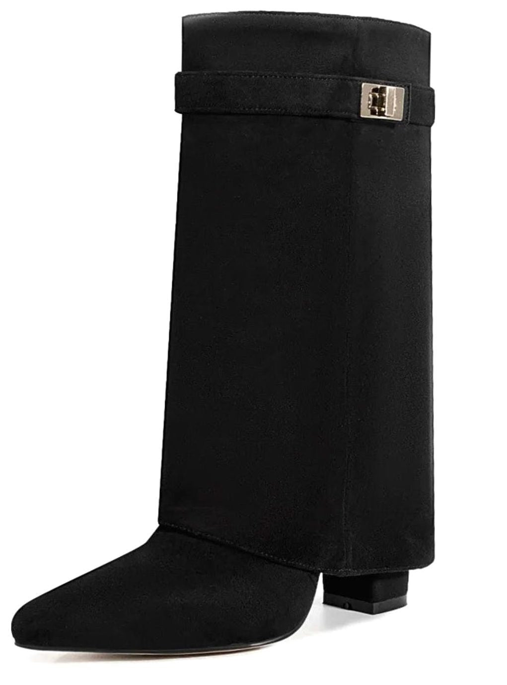 Camila | Women's Suede Fold-Over Knee-High Boots Gold Lock Buckle