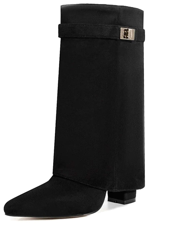Camila | Women's Suede Fold-Over Knee-High Boots Gold Lock Buckle