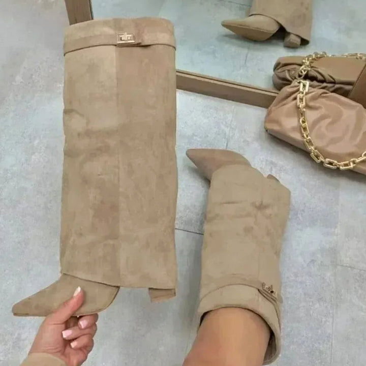 Camila | Women's Suede Fold-Over Knee-High Boots Gold Lock Buckle