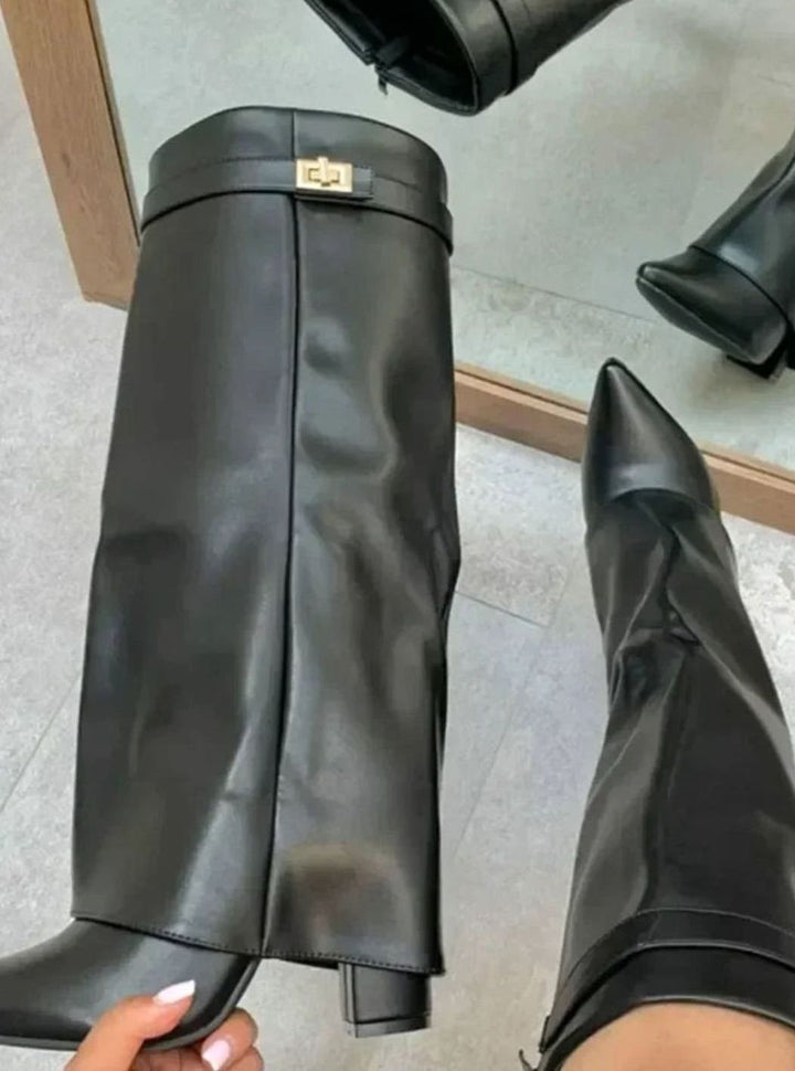 Camila | Women's Suede Fold-Over Knee-High Boots Gold Lock Buckle