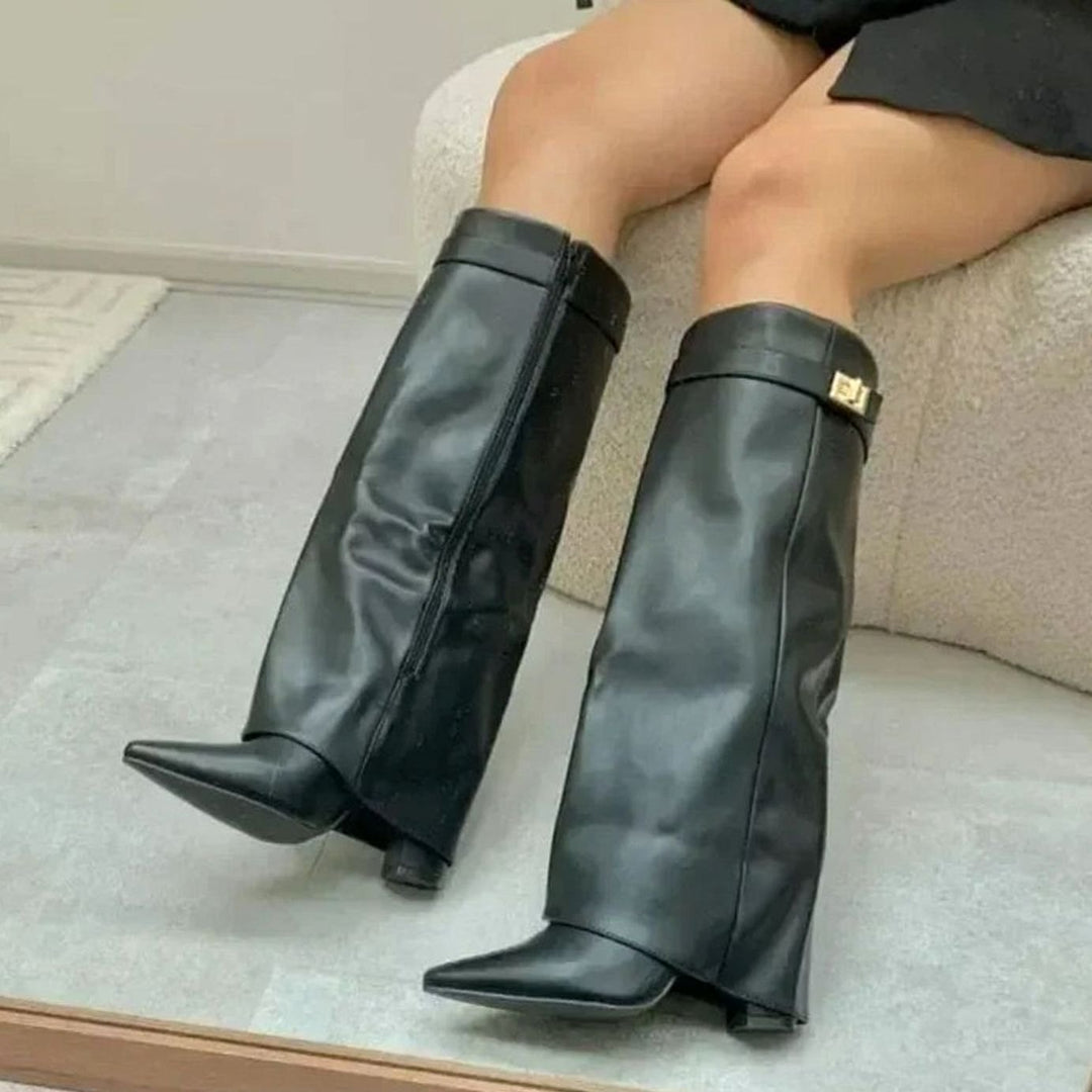 Camila | Women's Suede Fold-Over Knee-High Boots Gold Lock Buckle