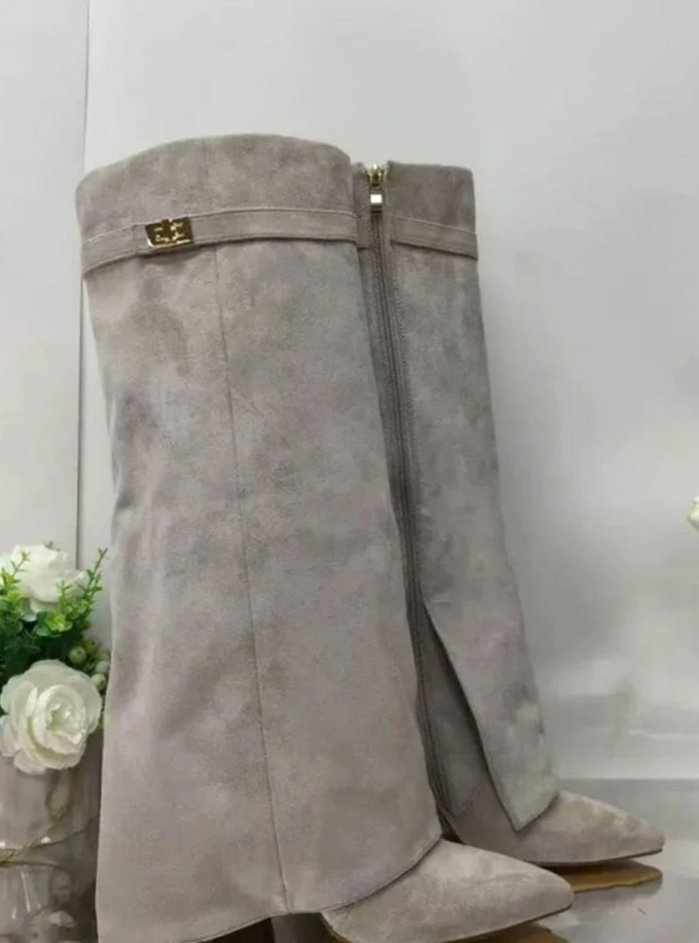 Camila | Women's Suede Fold-Over Knee-High Boots Gold Lock Buckle